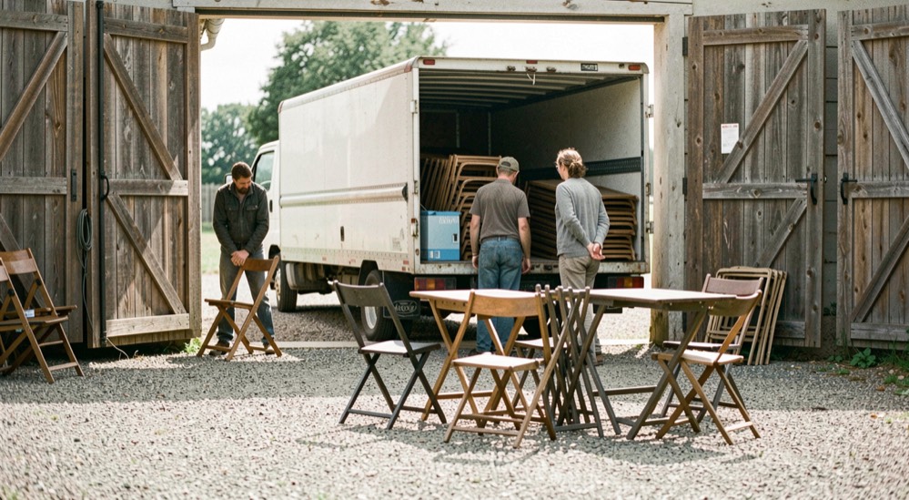 Rental truck backed up to open barn doors with staff unloading folding chairs and stacked tables onto the gravel at midday