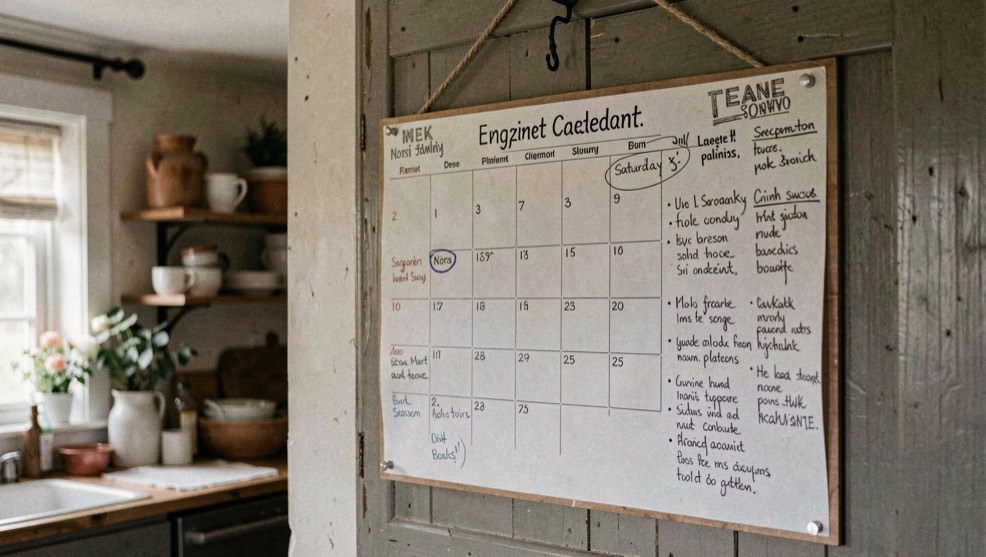 Engagement calendar hanging on a farmhouse kitchen wall with one circled Saturday, handwritten season notes filling the margins