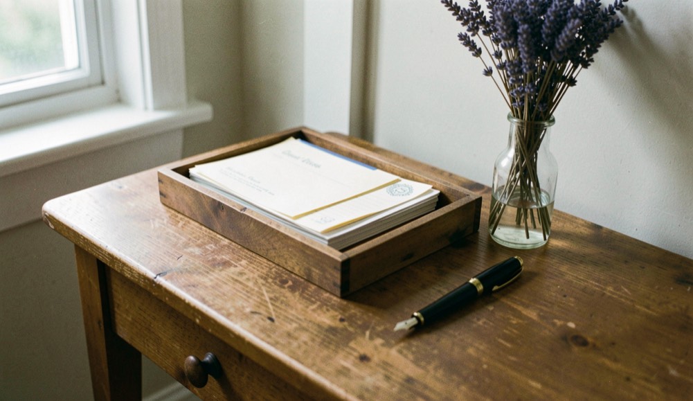 Front hall table with a wooden letter tray, folded stationery, a fountain pen and dried lavender in a small glass bottle