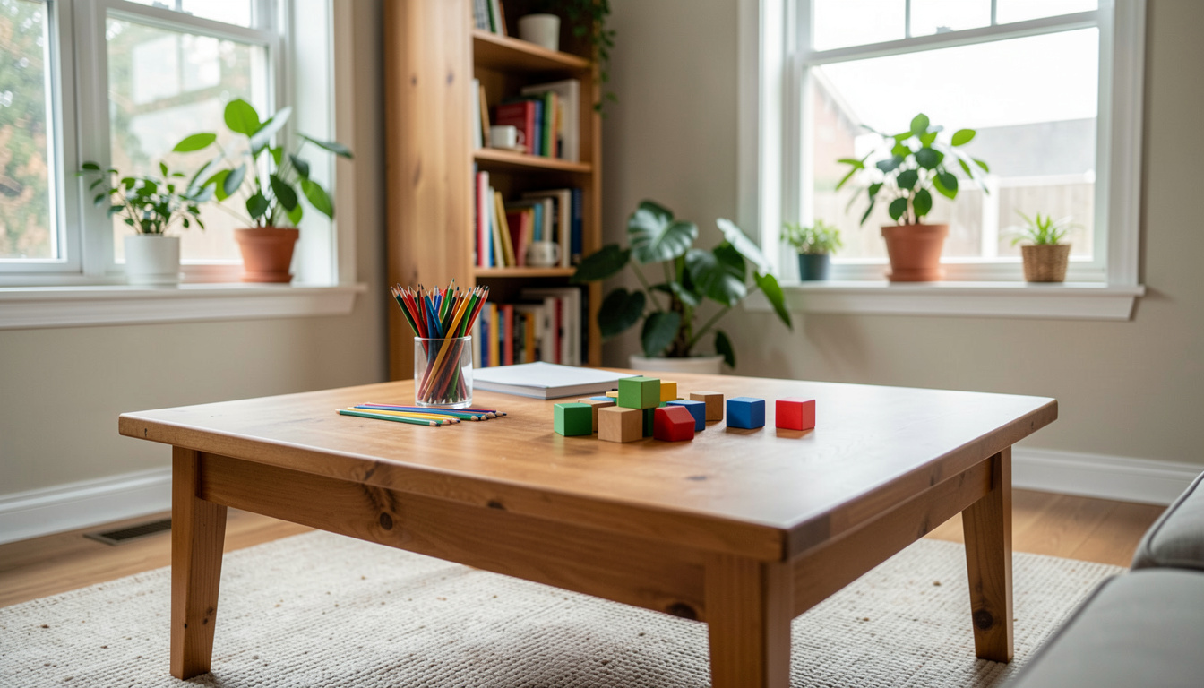 A low wooden table in a living room with colored pencils and building blocks, daylight from two windows, a bookshelf and houseplants behind, no readable text, medium shot.'s hands pressing a bean seed into dark potting mix in a terracotta pot on a wooden balcony table, morning light from the left, shallow depth of field with a watering can blurred behind.