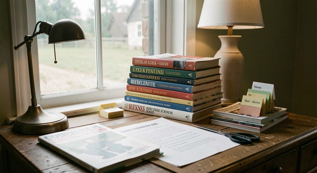 Magazine desk by a farmhouse window with stacked reference books, a lamp, index cards and a pair of scissors on the blotter