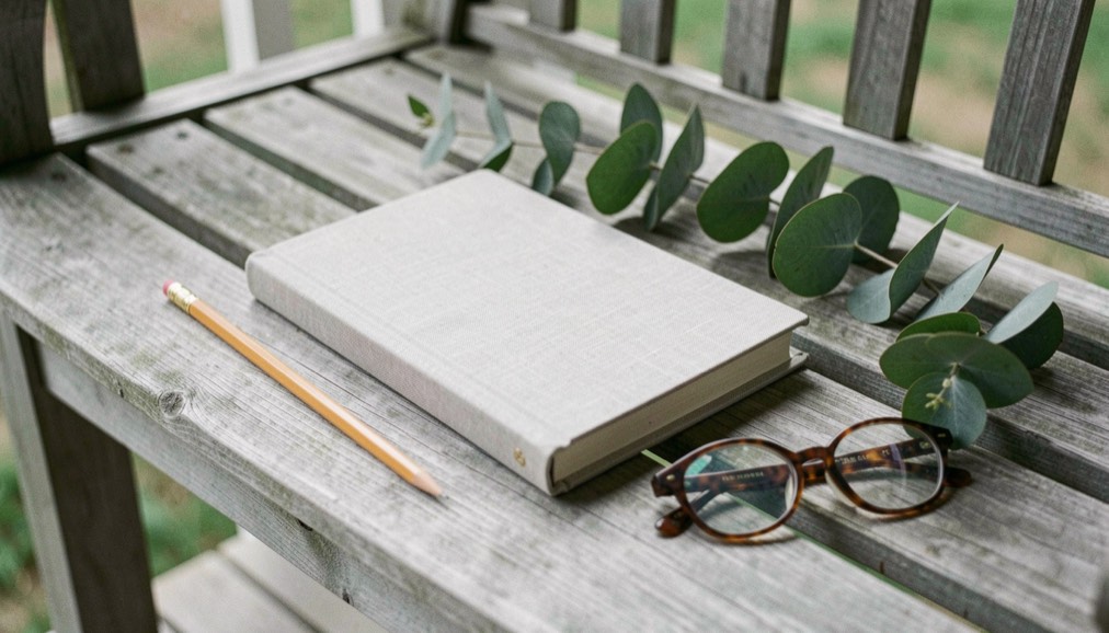 Linen-covered journal open on a porch bench beside a pencil, a sprig of eucalyptus and a pair of reading glasses